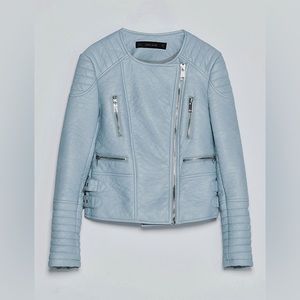 Zara blue leather moto jacket zipper
